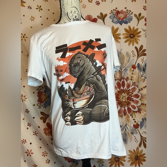 Godzilla L White Graphic Print Semi Sheer Casual Spring Summer Fall Tee - Picture 1 of 7